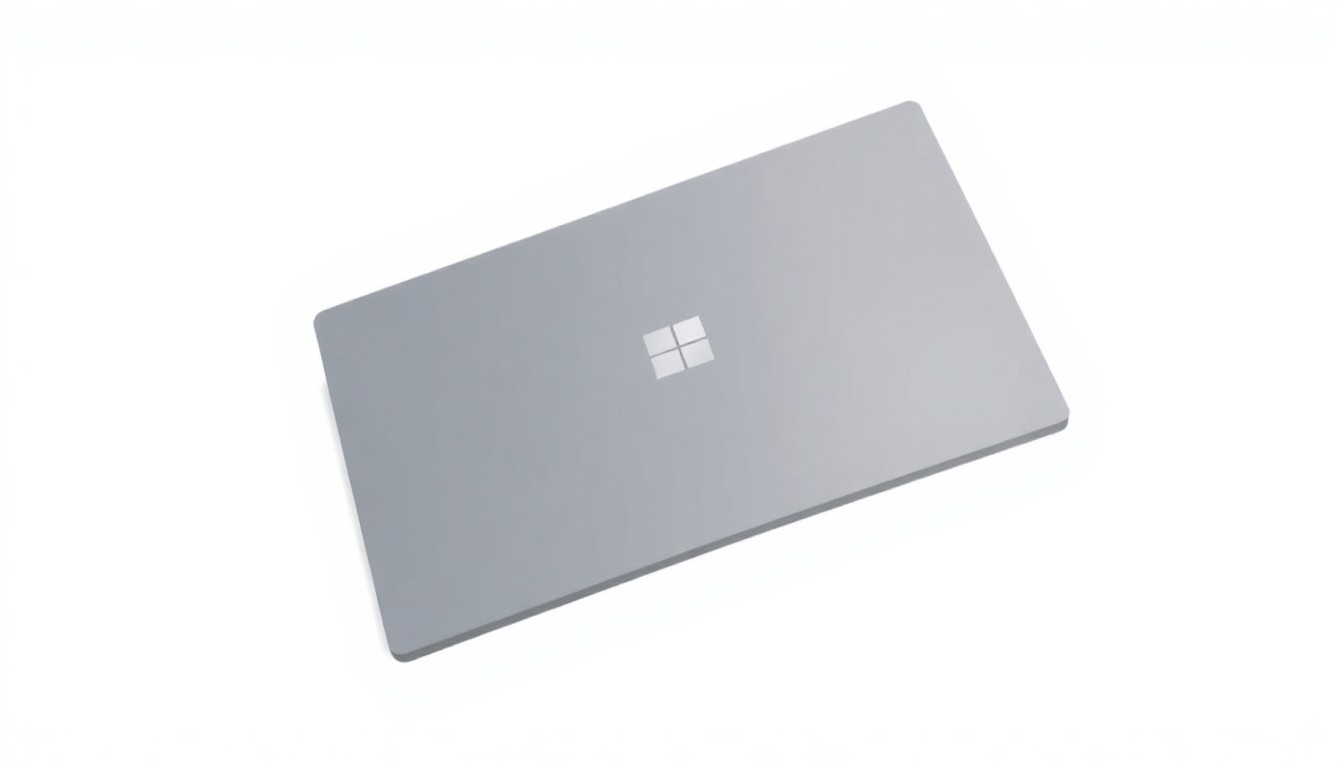 An extreme close-up of a new Microsoft Surface Pro 9 tablet, featuring a sleek, minimalist design with smooth matte grey surfaces and subtle metallic accents, floating against a plain white background.