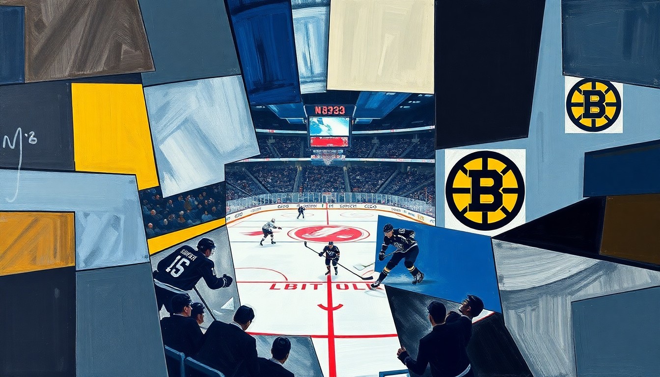 A fragmented, geometric painting depicting a hockey game between the Tampa Bay Lightning and Boston Bruins, with sharp, overlapping planes of color and form capturing the dynamic energy of the sport.
