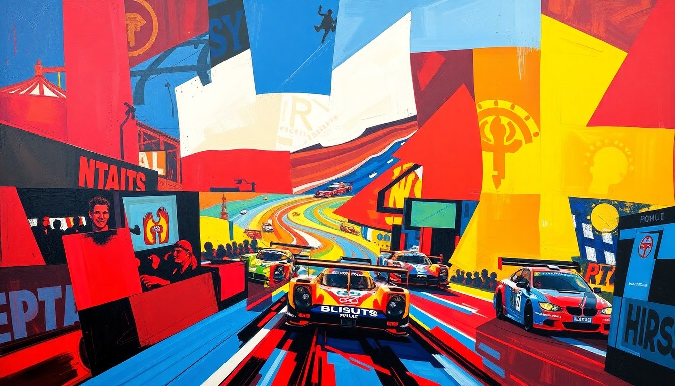 A fractured, multi-perspective painting in bold, vibrant colors that breaks down a Bathurst 6 Hour race scene into sharp, overlapping geometric planes, capturing the high-speed action and competitive spirit of the event.