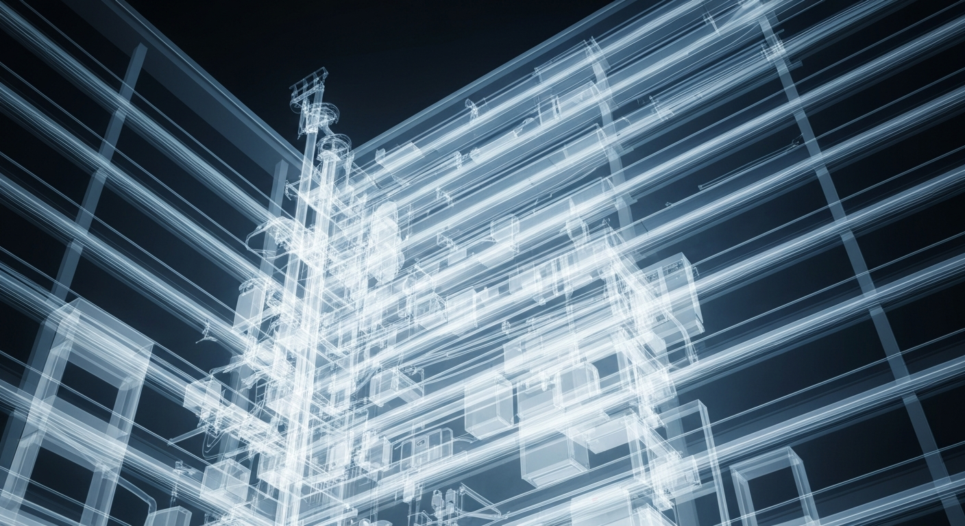 A ghostly, translucent X-ray photograph revealing the intricate internal structure of a hospital building, with glowing lines representing the complex network of pipes, wires, and medical equipment, conceptually illustrating the fragility of the healthcare system.