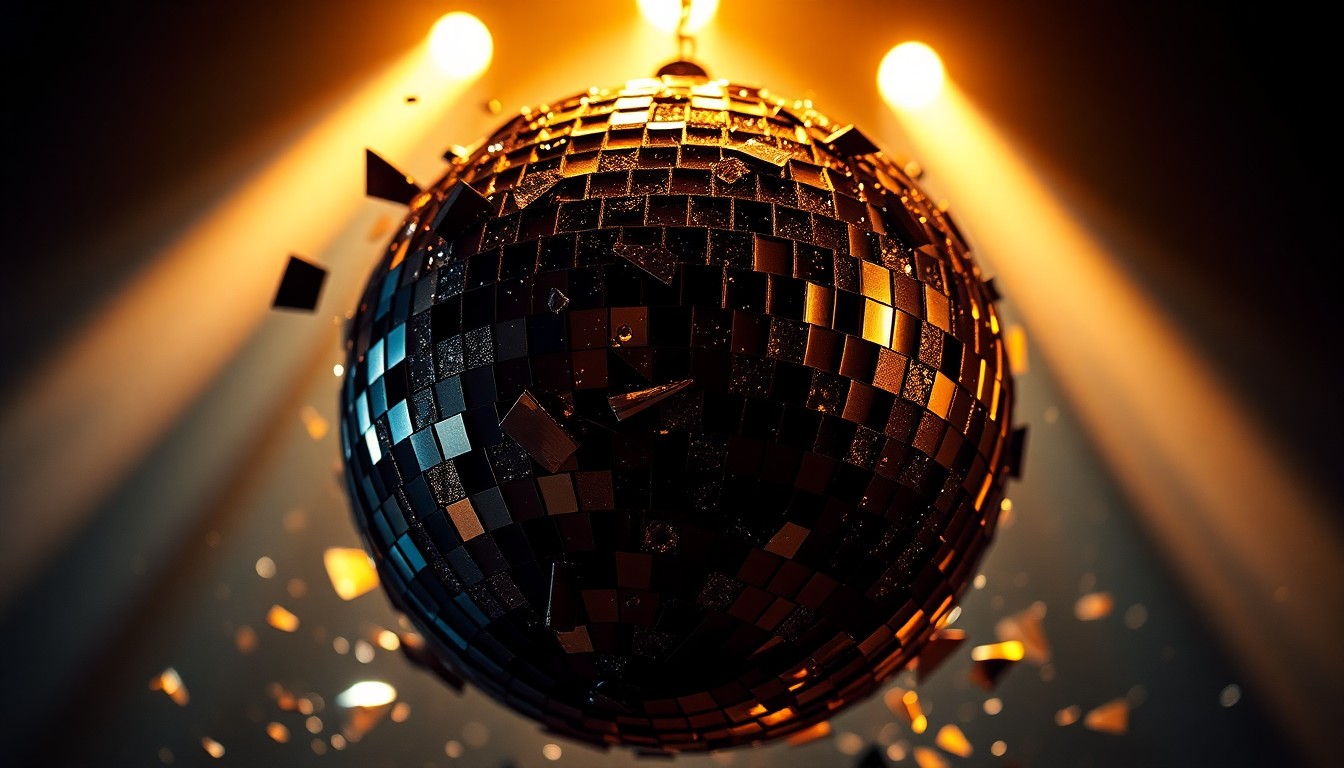 An extreme close-up of shattered glass from a disco ball, the jagged edges reflecting a warm, golden light, conceptually representing the artistic versatility and evolution of Glenn Frey's solo career.