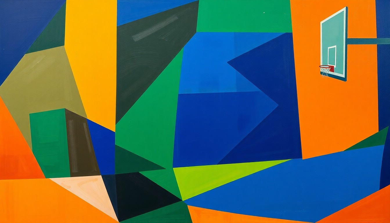 A cubist, geometric painting depicting a basketball game, with overlapping planes of color and shape representing the dynamic action on the court.