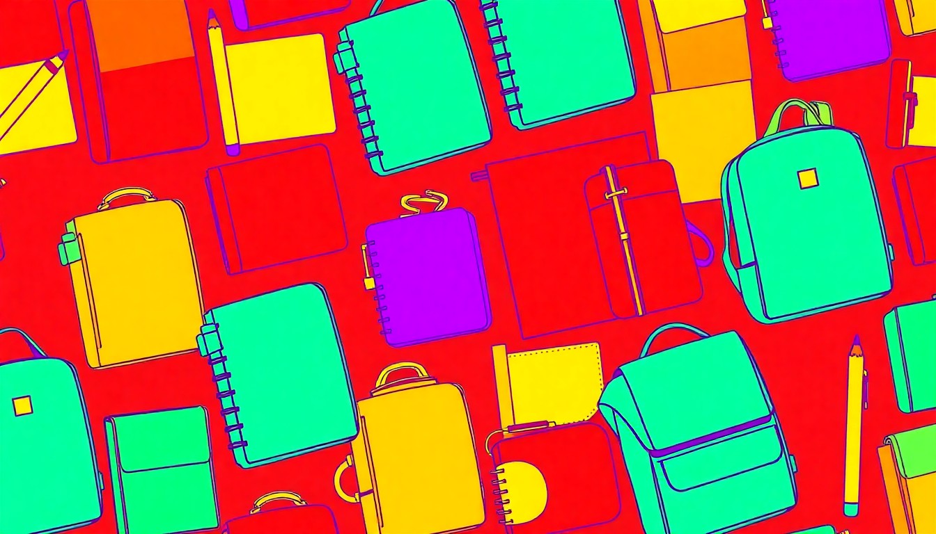 A high-contrast silkscreen print of a school backpack repeated in a grid pattern, using bold neon colors and heavy black outlines to transform the everyday object into a modern pop art piece.