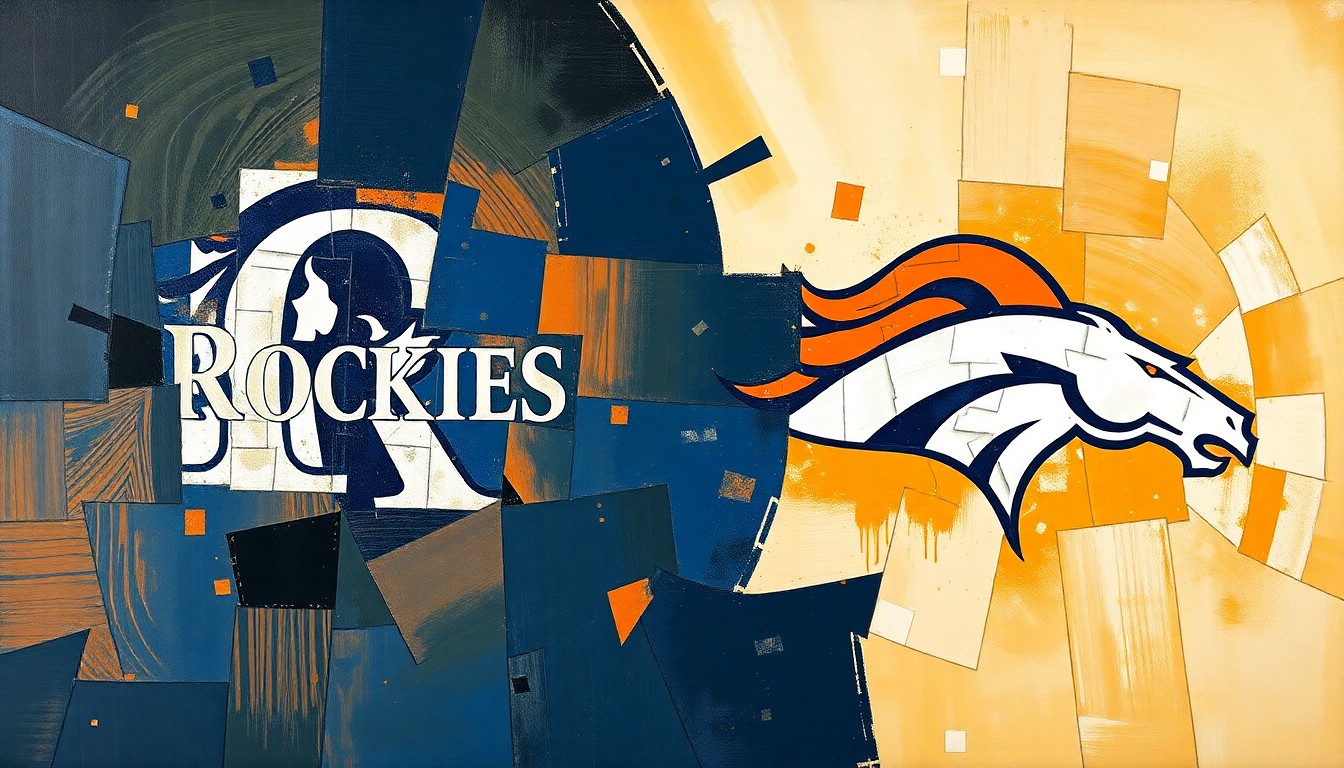 A cubist-style painting featuring fragmented geometric shapes and planes in shades of blue, orange, and green, conceptually representing the intertwined ownership and strategic partnership between the Colorado Rockies and Denver Broncos sports franchises.
