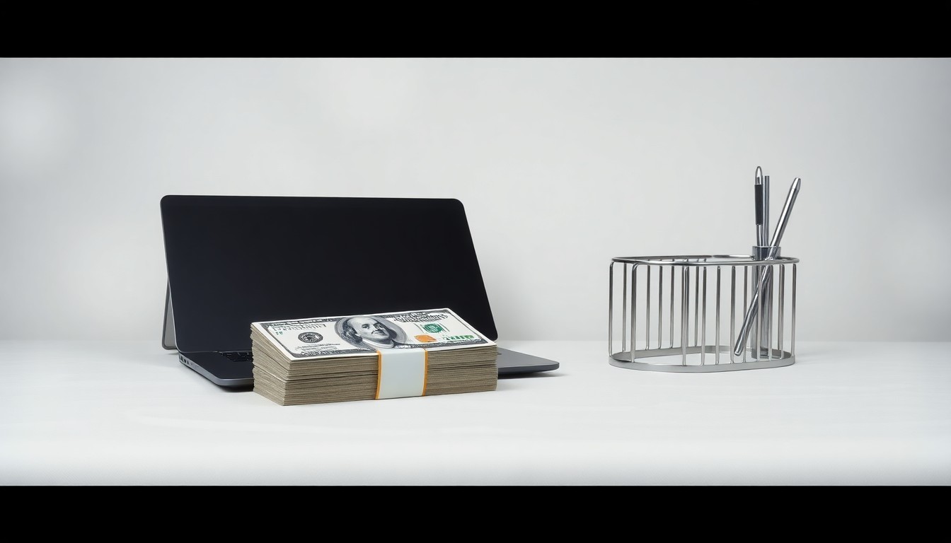 A minimalist, photorealistic studio still life featuring a stack of crisp US dollar bills, a sleek black laptop, and a modern desk organizer in polished chrome, symbolizing the high-stakes world of corporate finance and executive compensation.