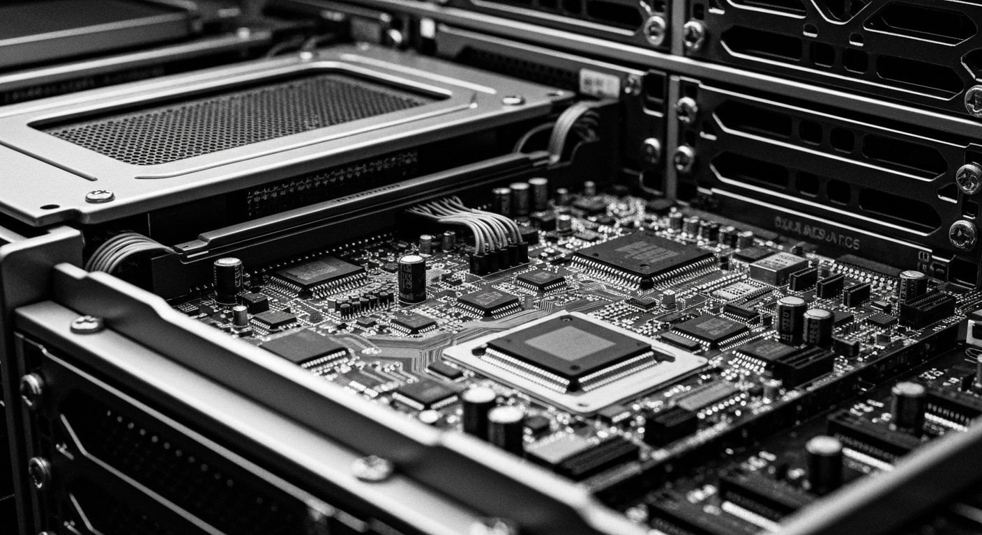 A close-up, high-contrast black and white image of intricate computer server components and circuit boards, conveying the complex, industrial nature of modern data center technology.