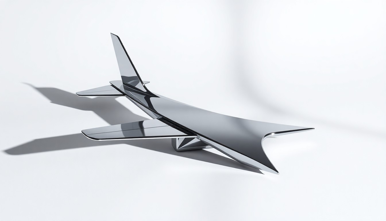 A highly polished, geometric metal sculpture in the shape of an airplane wing, resting on a clean, monochromatic background and dramatically lit to convey the abstract concepts of corporate strategy and market performance in the aerospace industry.