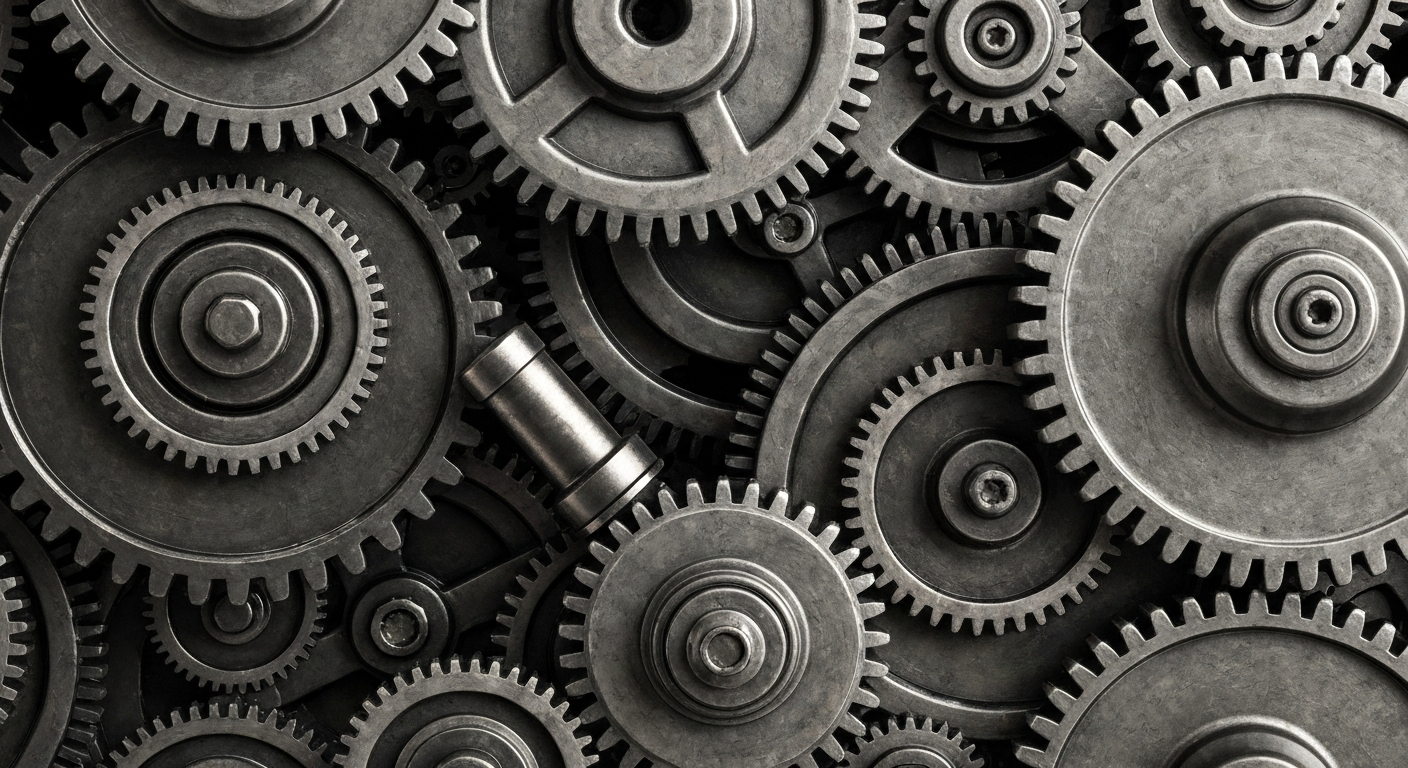 An extreme close-up of interlocking gears, cogs, and metal machinery in shades of gunmetal grey, dark steel, and muted bronze, conveying the powerful, industrial nature of institutional finance and banking infrastructure.