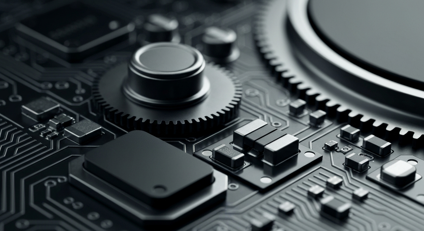 An extreme close-up of the intricate, metallic components and circuitry inside a computer processor chip, conveying the technical complexity and industrial nature of the semiconductor business.