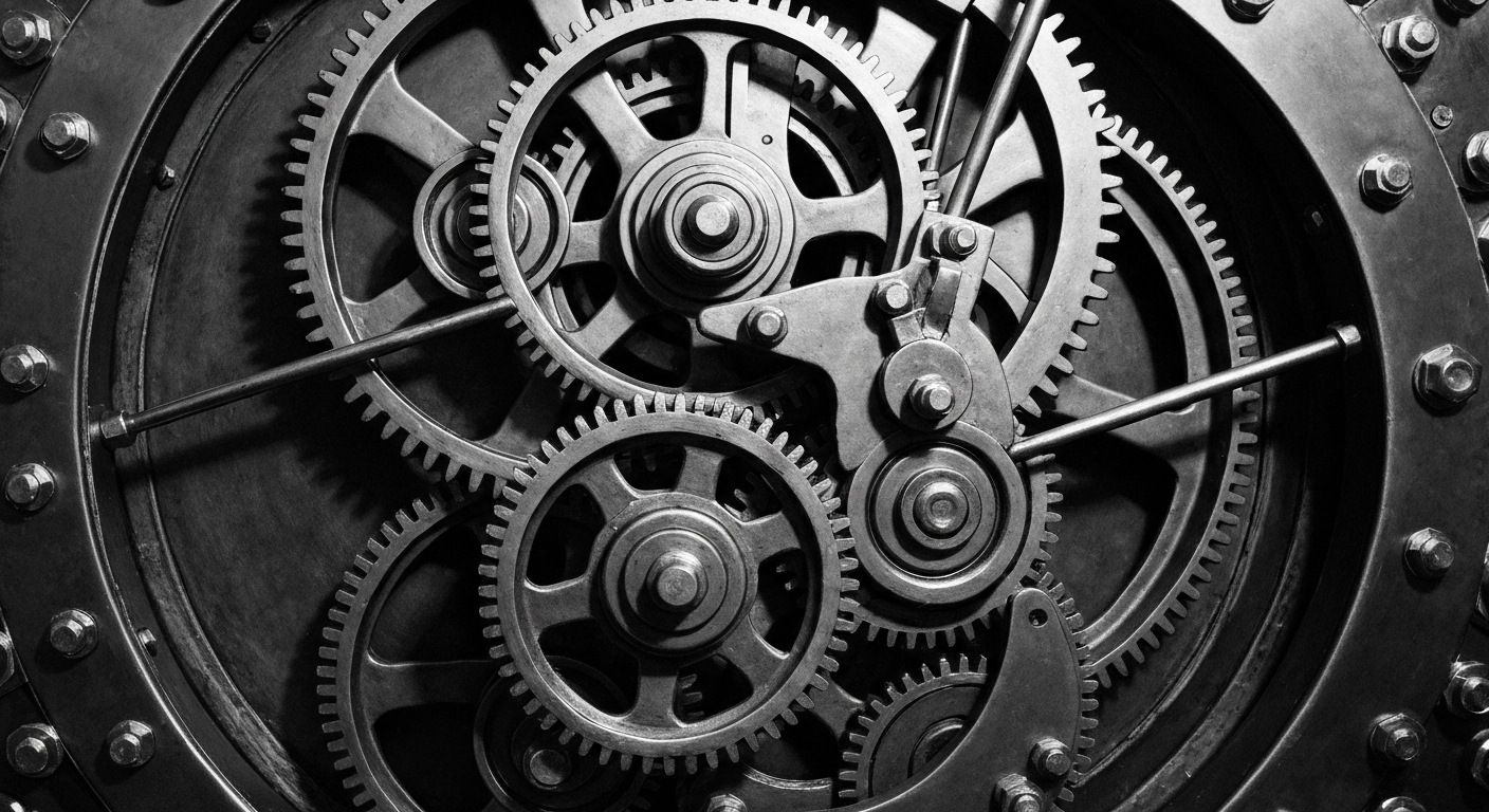 A high-contrast black and white image depicting the intricate machinery and mechanisms of a banking vault, conveying a sense of the complex infrastructure underlying the financial sector.