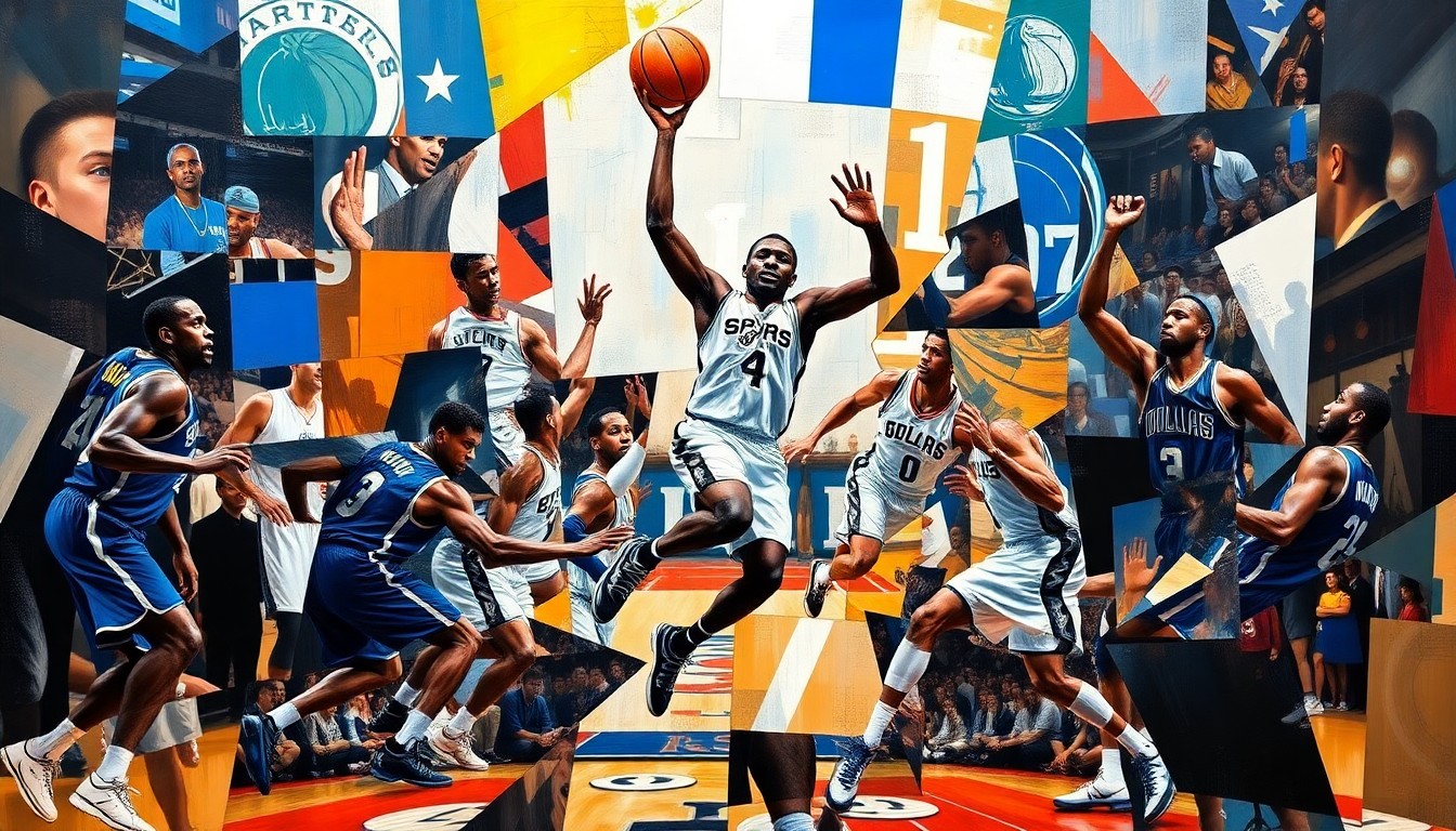 A cubist, geometric painting depicting a basketball game, with the players' movements and the ball broken down into overlapping, angular shapes and planes in a vibrant color palette.