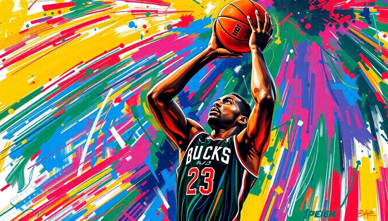 An abstract, energetic painting featuring bold, neon-colored brushstrokes that capture the dynamic motion and shooting form of a basketball player, conceptually representing the high-scoring performance of Milwaukee Bucks player AJ Green in the team's victory over the Brooklyn Nets.