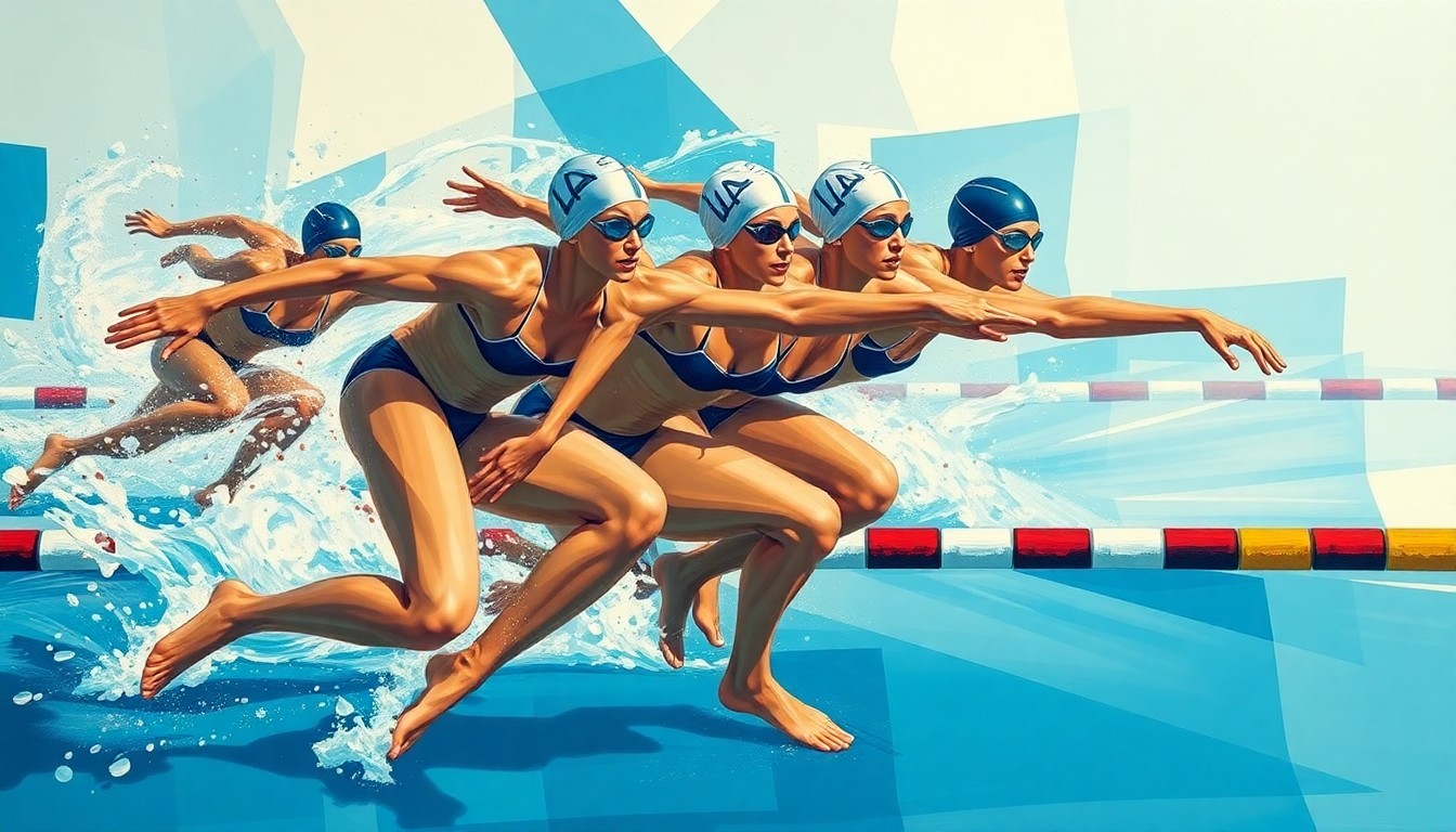 A cubist, geometric painting depicting the overlapping movements and energy of a women's swimming relay race, with sharp planes of color and form capturing the dynamic action without any identifiable individuals or text.