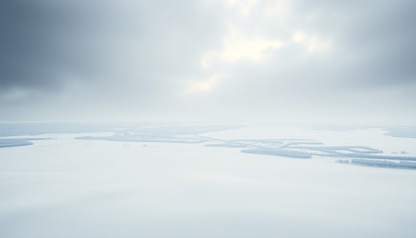 A vast, majestic landscape painting in the style of Caspar David Friedrich, depicting a snow-covered expanse of the Northeast United States under a heavy, gray sky. The scene uses deep atmospheric perspective and dramatic backlighting to capture the overwhelming, sublime scale of the blizzard, with only faint outlines of buildings or infrastructure barely visible through the blinding white haze.