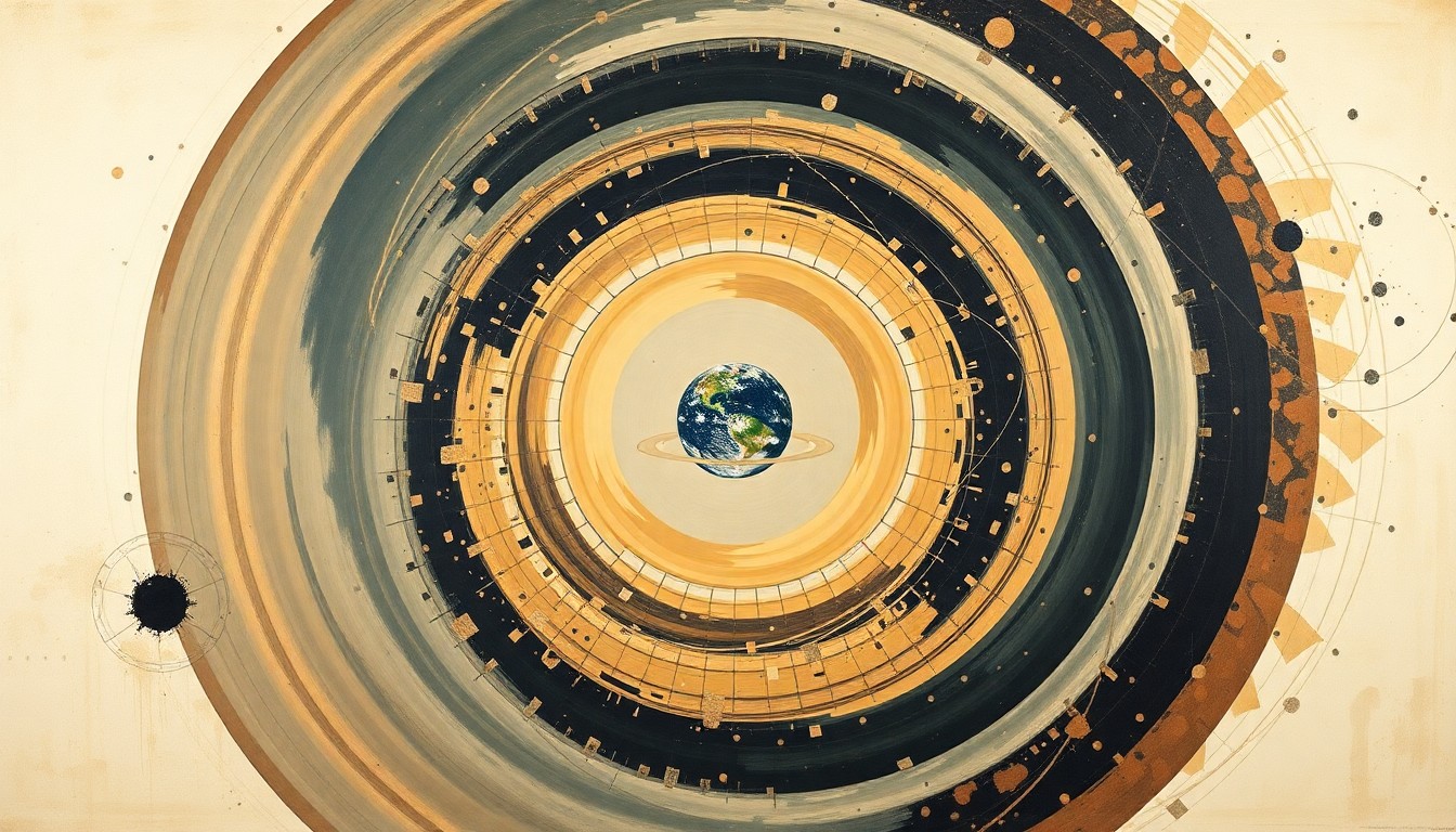 A bold, abstract painting in earthy tones featuring sweeping geometric shapes, concentric circles, and precise spirals, conceptually representing the complex systems and forces guiding the Artemis II capsule's return to Earth.