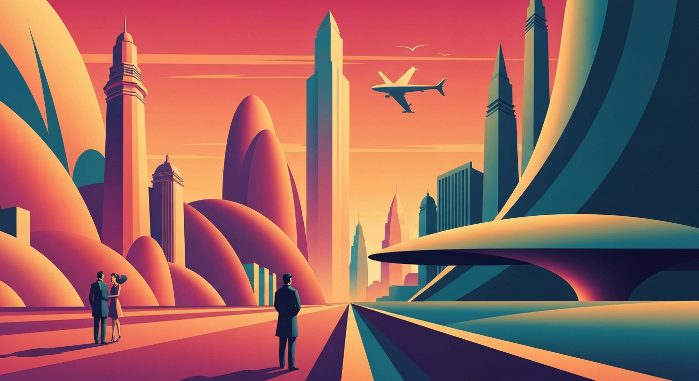 A bold, geometric illustration in the Art Deco style, featuring sweeping gradients and streamlined forms that evoke the grand scale and romance of air travel, conceptually representing the shifting landscape of airline loyalty programs.