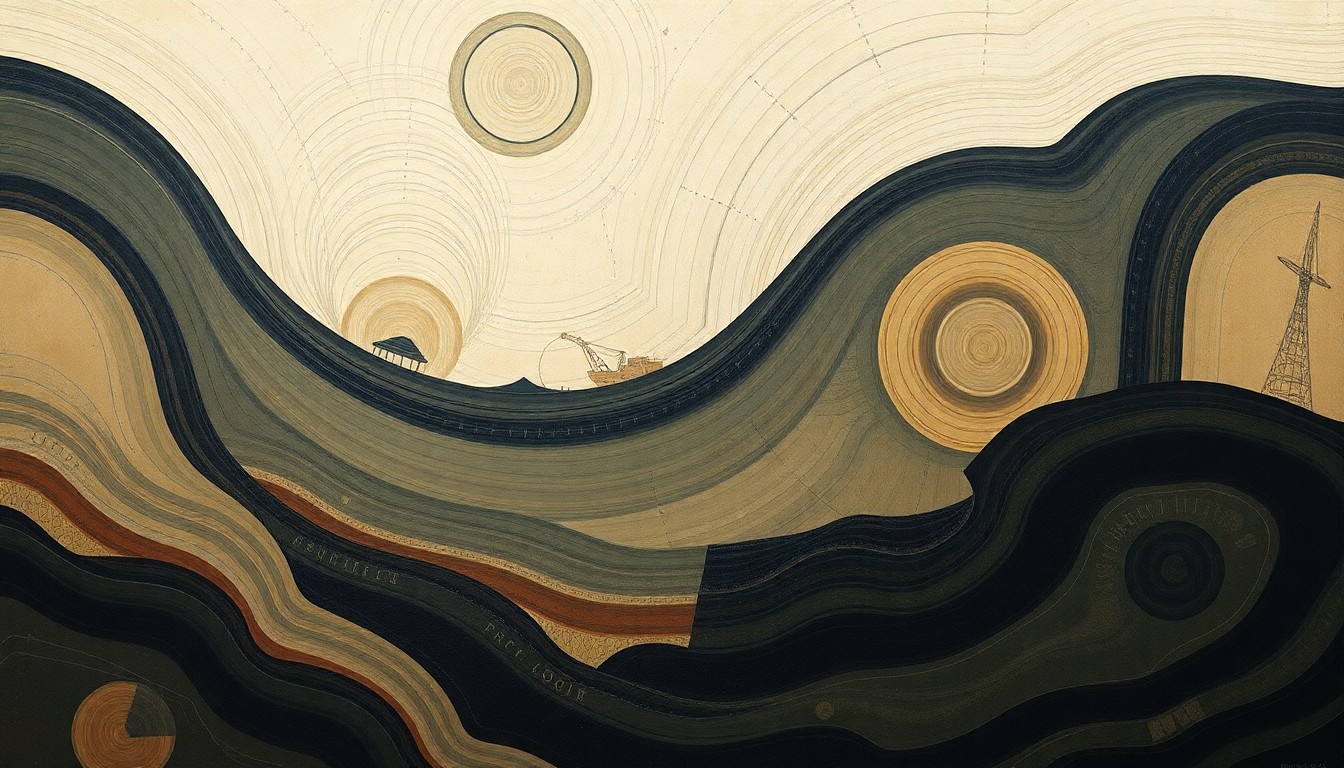 A highly textured, abstract painting in muted earth tones depicting interlocking geometric shapes and organic forms, representing the complex interactions between mining, soil, water, and the surrounding rural environment.