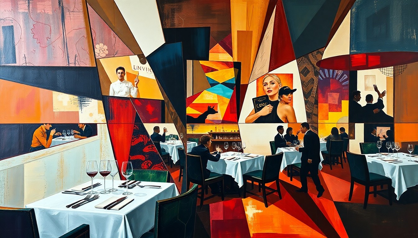 A fragmented, geometric painting depicting the various elements of the high-end restaurant industry, including abstract shapes and forms representing celebrity branding, pricing strategies, and customer experiences.