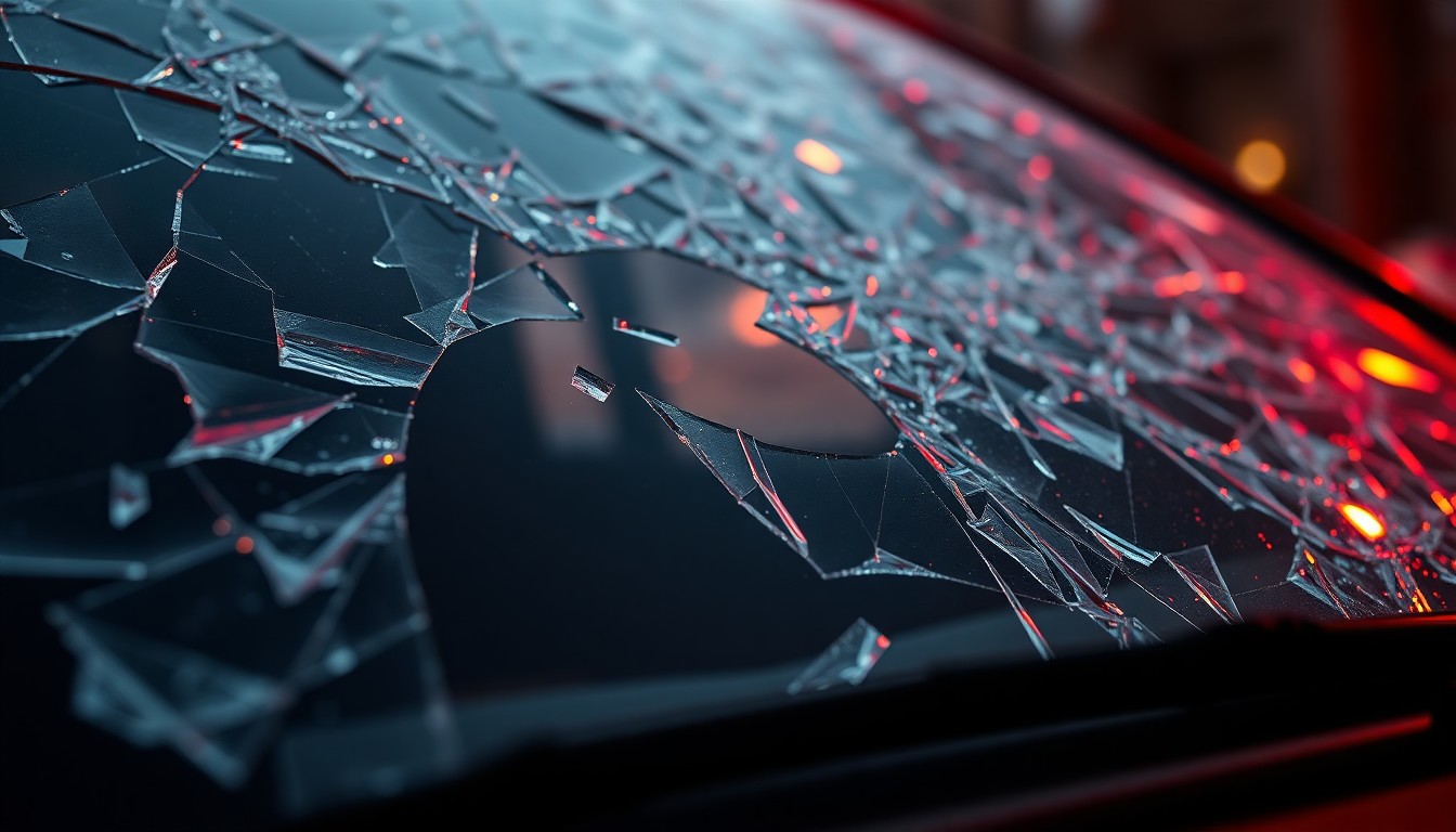 An extreme close-up photograph of a shattered car windshield, the glass reflecting a faint red light, conceptually illustrating the violence of the hammer attack.