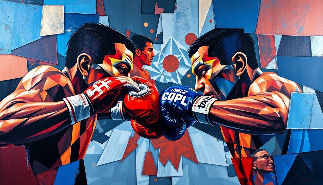 A fragmented, geometric painting depicting the intense action of a boxing match, with the fighters' forms broken down into sharp, overlapping planes of vivid color.