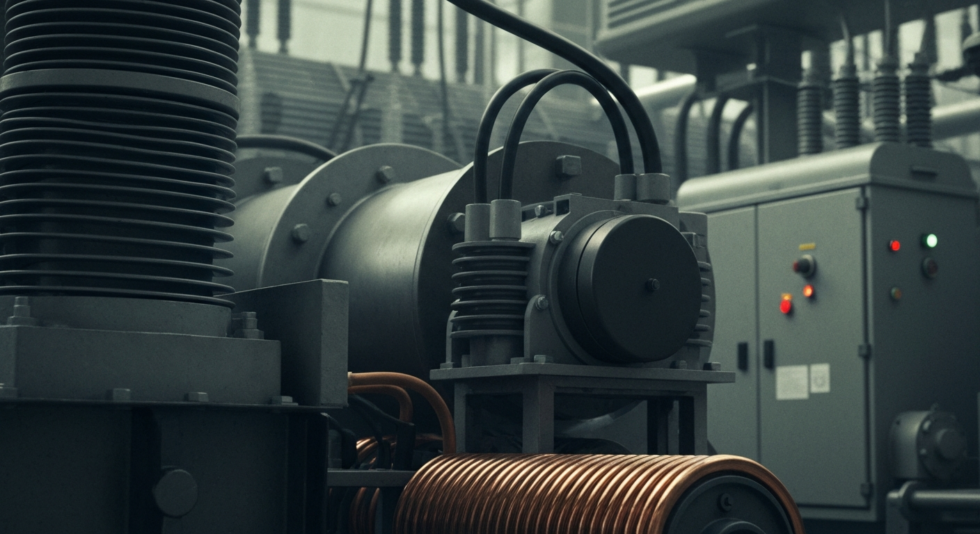 A cinematic close-up of heavy, industrial electrical equipment and machinery in muted tones of steel grey, copper, and black, conveying a sense of the complex infrastructure that powers utility companies.