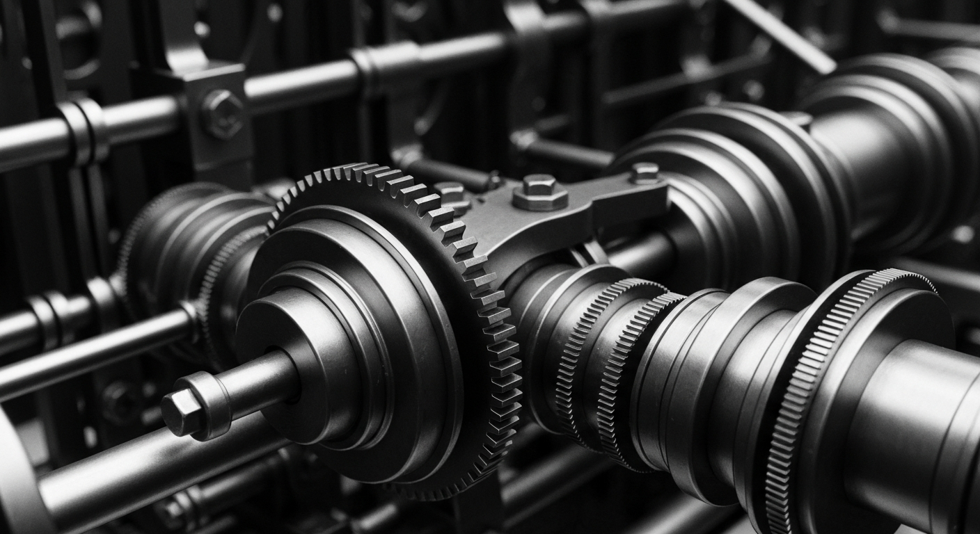 A high-contrast black and white close-up image of the mechanical components that drive a financial institution, conveying a sense of the industry's scale and complexity.