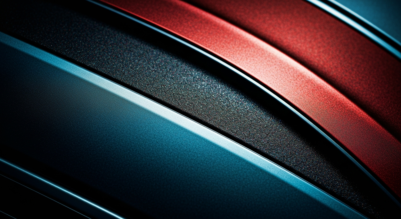An extreme close-up of the pebbled, metallic surface of a Ford vehicle, rendered in a high-contrast, dramatic lighting style that emphasizes the raw materials and engineering of automotive design.