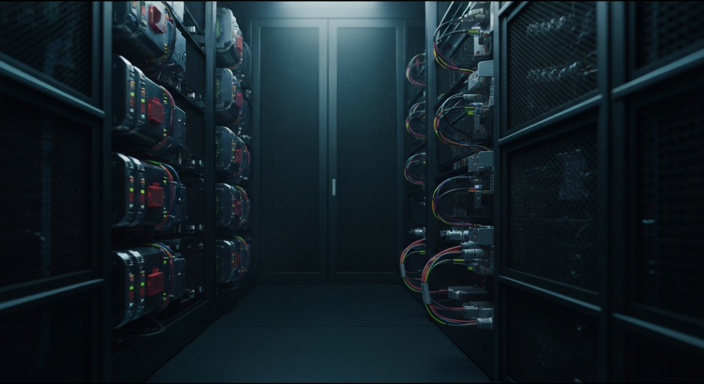 An extreme close-up of the intricate, industrial-grade hardware and cabling that makes up the backbone of a modern data center, conveying the complex financial and technological infrastructure powering Netflix's streaming platform.