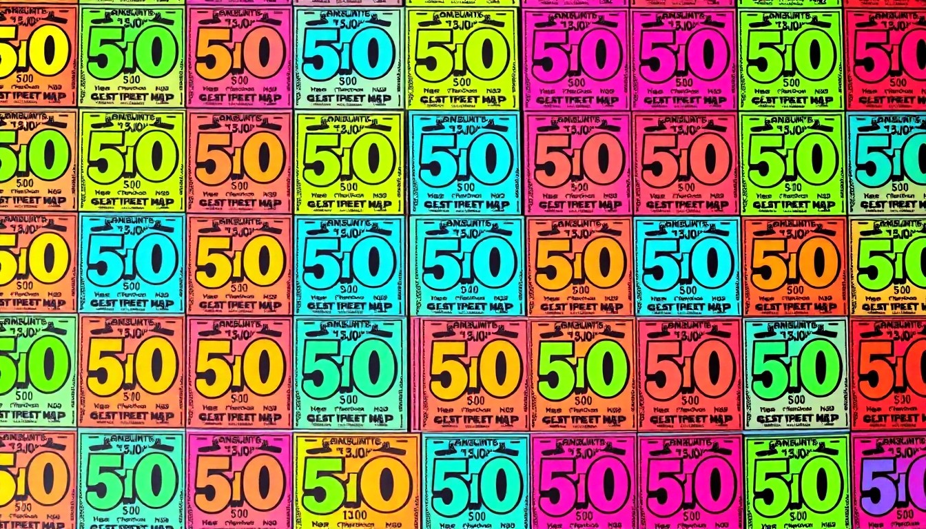A brightly colored, high-contrast silkscreen print of a 50/50 lottery ticket repeated in a tight grid pattern, with the ticket design rendered in vibrant neon colors overlapping with heavy black photographic outlines, conceptually representing the community-driven nature of the fundraiser.