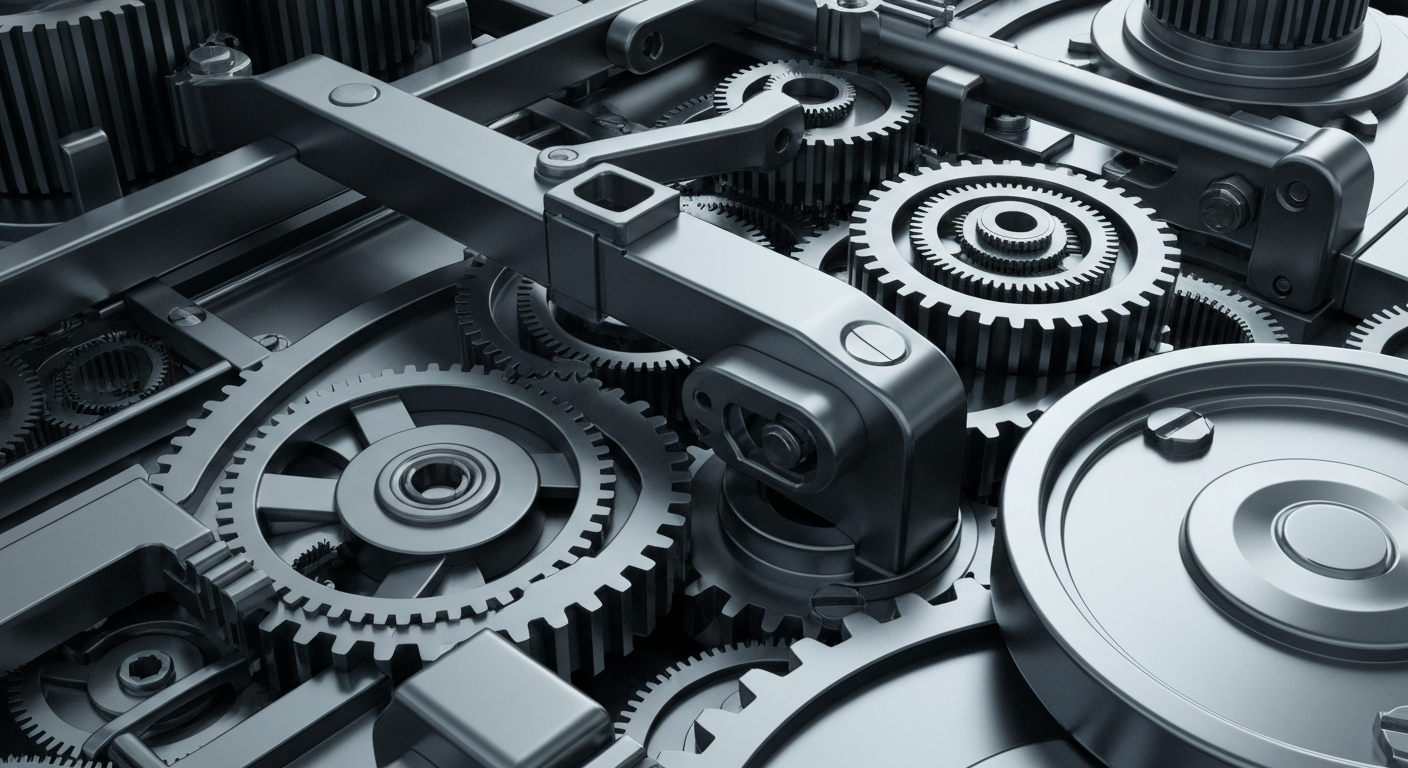 An extreme close-up of a complex, industrial-looking mechanism with gears, levers, and other components in shades of grey, conceptually representing the financial infrastructure and institutional power behind pharmaceutical innovation.