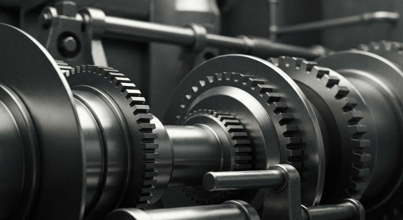 An extreme close-up of intricately engineered industrial machinery, conveying the tangible power and security of a major forestry and manufacturing operation.
