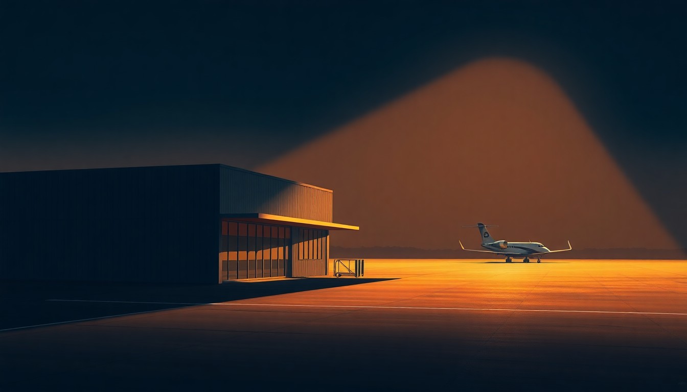 A serene, cinematic painting of a solitary airport terminal building in warm, golden light, with a faint outline of a private jet in the distance, capturing the quiet contemplation and symbolic significance of the airport's controversial renaming.