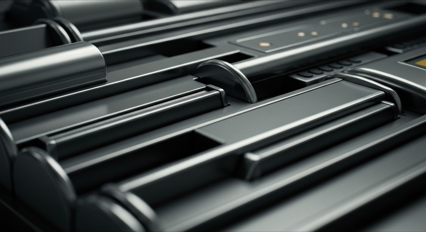 An extreme close-up of highly detailed, industrial banking equipment and machinery in muted tones, conveying the strength and security of Walmart's financial infrastructure as an investment.