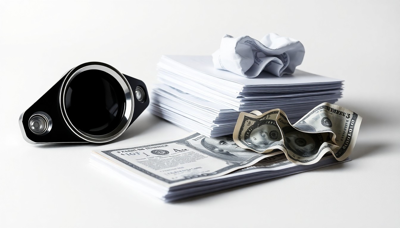 A photorealistic studio photograph featuring a shiny metal car sensor lens, a stack of financial reports, and a crumpled dollar bill, arranged elegantly on a clean, monochromatic background to symbolize the abstract corporate strategy and market forces impacting the ride-sharing industry.