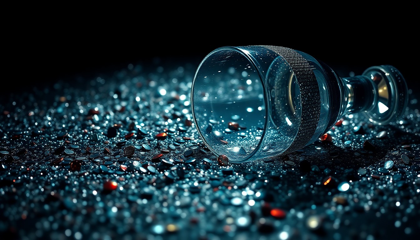 An extreme close-up of shimmering sequins and shattered glass, capturing the glamour and luxury of a celebrity relationship in dramatic, high-contrast lighting.