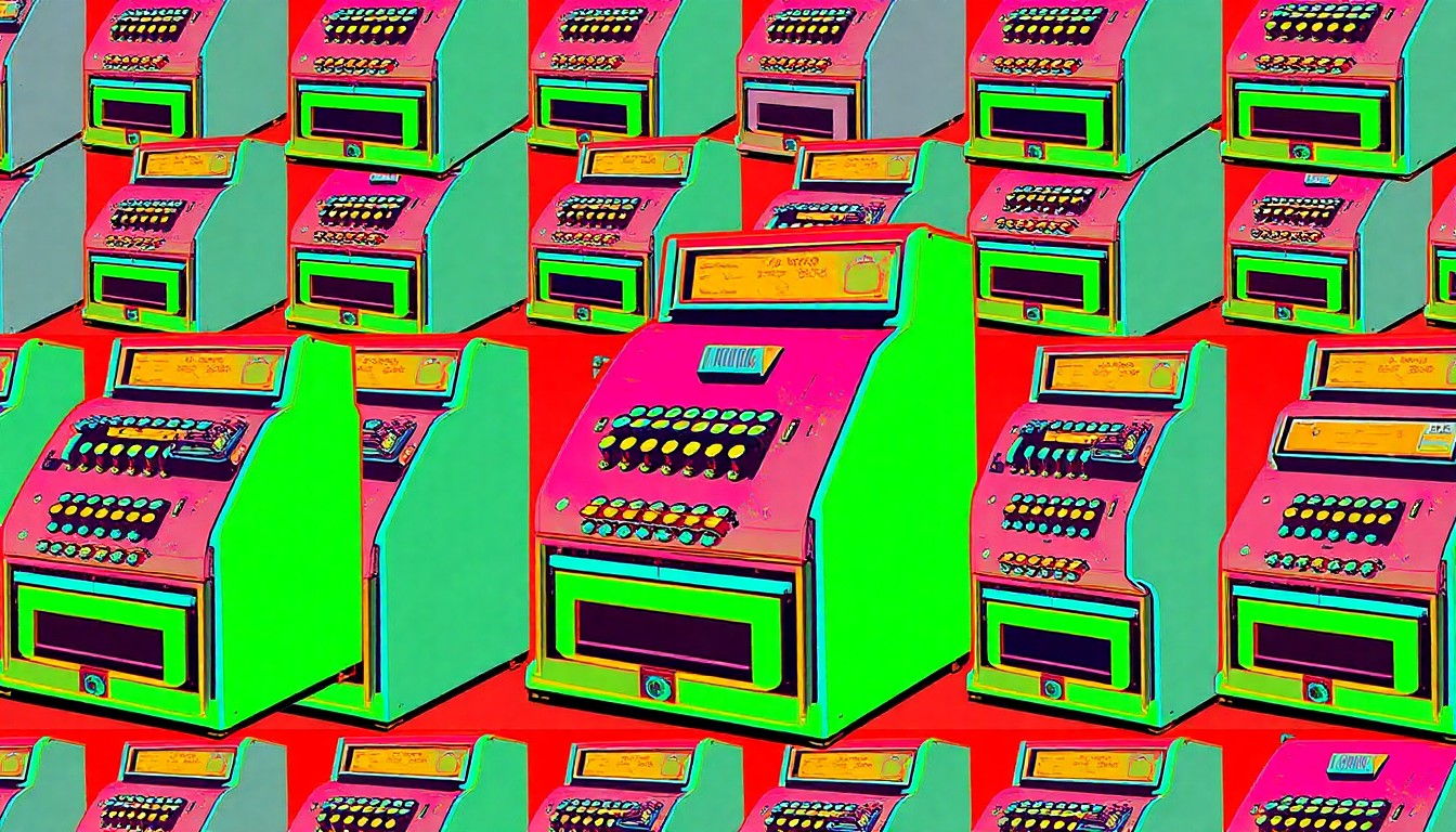 A vibrant, high-contrast silkscreen print featuring a vintage cash register repeated in a tight grid pattern, conceptually representing the diverse array of antique finds at Prattville Pickers.