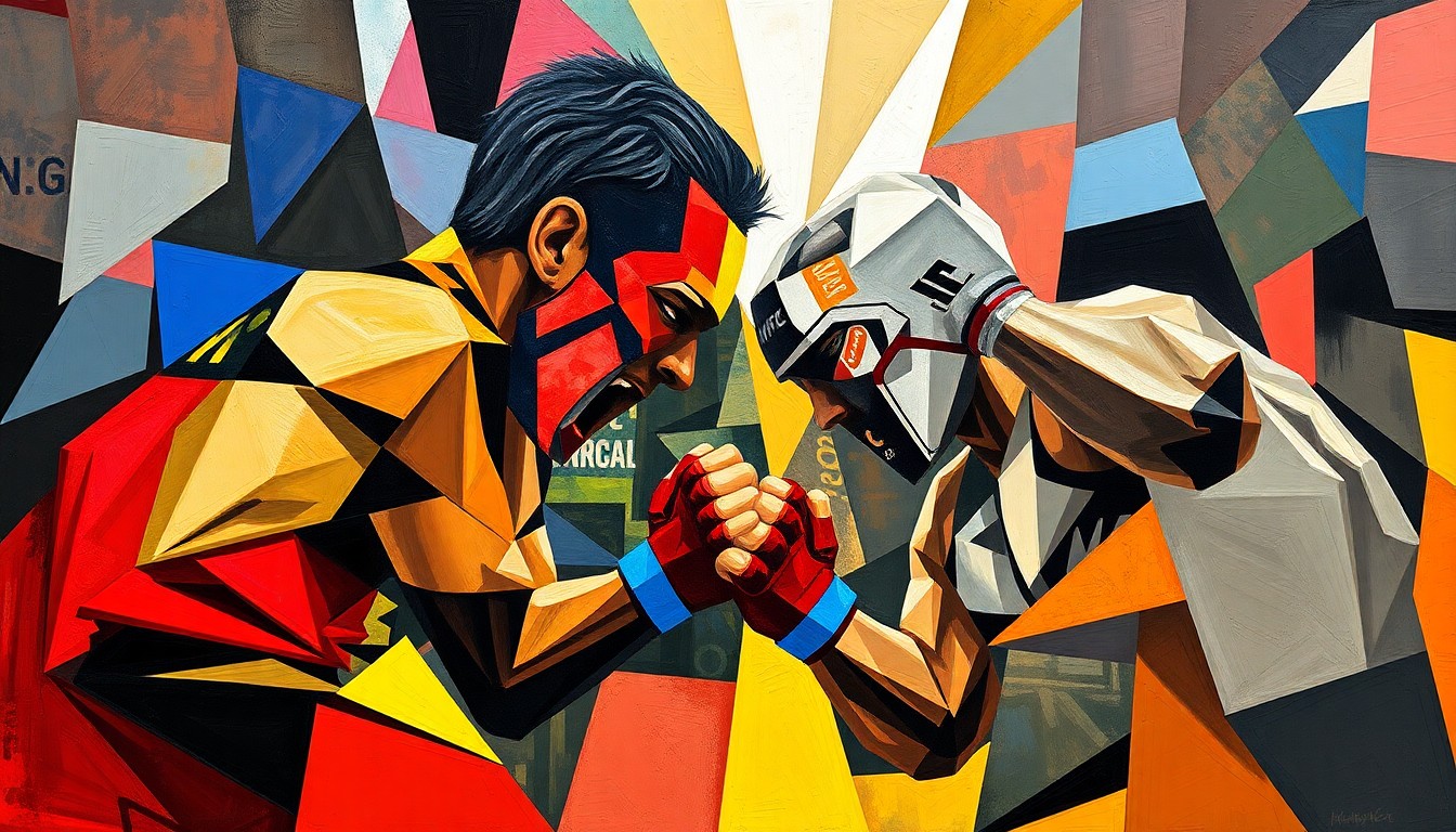 A fragmented, geometric painting depicting the action and movement of a mixed martial arts match, with the fighters' forms broken down into sharp, overlapping planes of color.