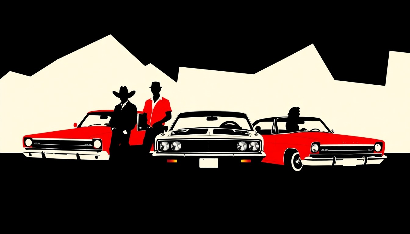 A bold, abstract illustration featuring stark black silhouettes of the General Lee car and the Dukes of Hazzard characters against a high-contrast red and white background, capturing the show's classic Southern style and enduring appeal.