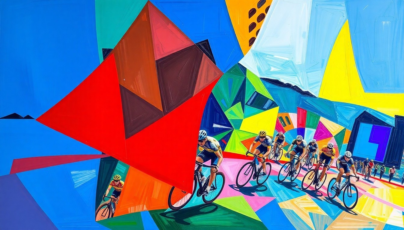 A fragmented, geometric painting in bold colors depicting the dynamic action of a cycling race, with overlapping planes and shapes representing the unpredictable nature of the sport.