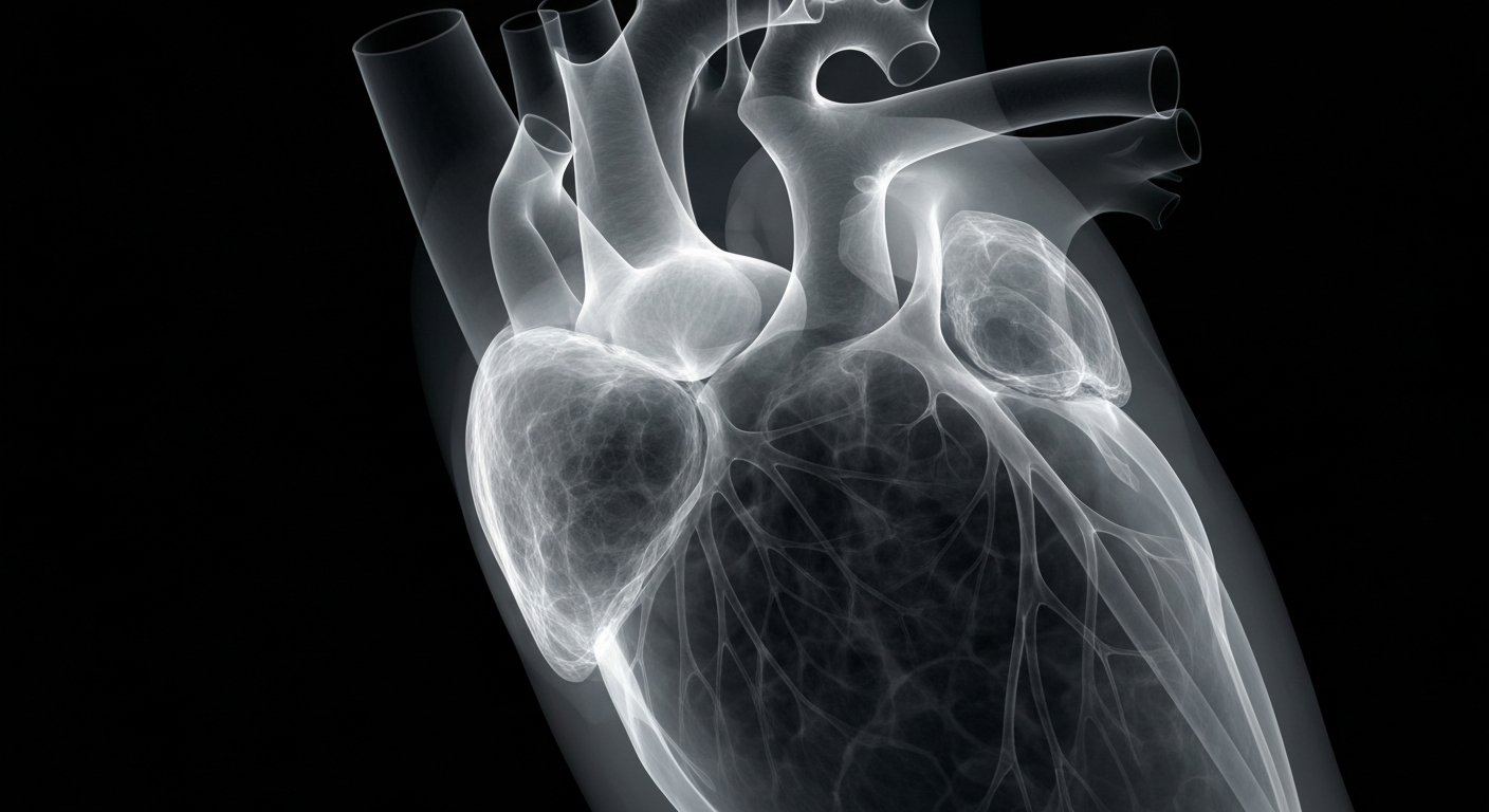 A ghostly, translucent X-ray image showing the intricate internal structures of a human heart, conveying the fragility and complexity of the organ during a medical emergency.