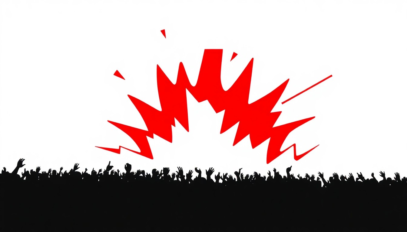 An abstract, minimalist illustration featuring bold, jagged shapes in black, white, and bright red, conveying the energy and spectacle of a major music festival.