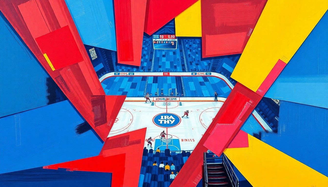 A cubist-style painting featuring sharp, overlapping geometric shapes in blue, red, and yellow, representing the action and energy of a hockey game between two teams.