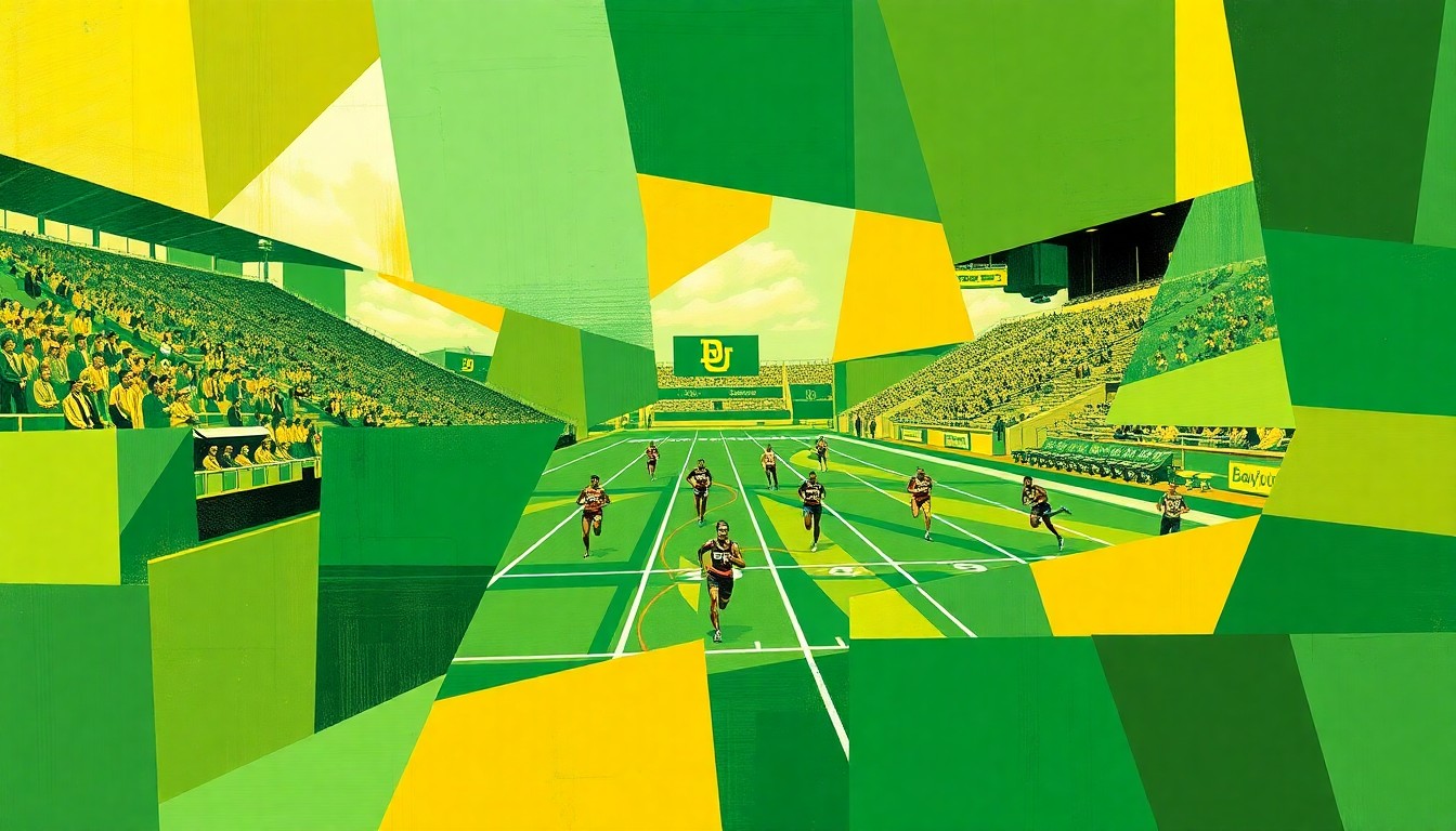 A cubist-style painting featuring overlapping geometric shapes in Baylor's green and gold colors, capturing the dynamic movement and energy of a track and field competition.