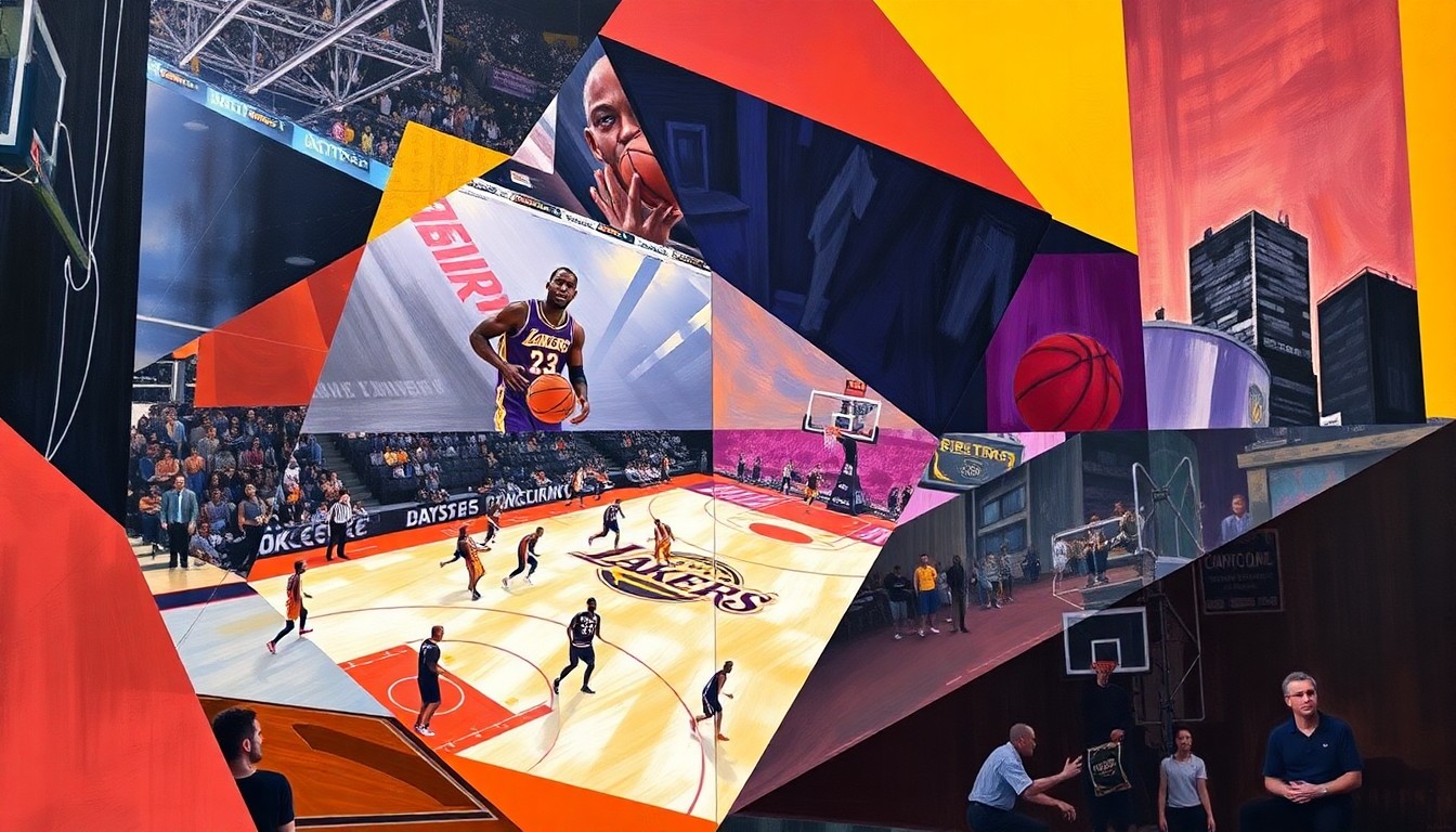 A cubist, geometric painting depicting the action of a basketball game, with players and the court broken down into sharp, overlapping shapes and planes of color, conveying the intensity and energy of the matchup between the Lakers and Suns.