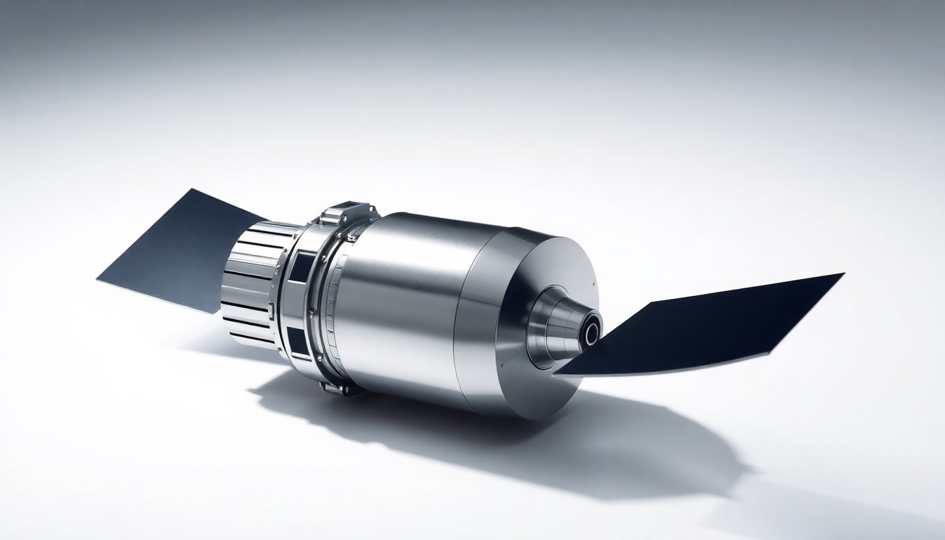 A highly detailed, photorealistic studio photograph of a polished metal model of an aerospace component, floating elegantly on a clean white background with dramatic lighting and deep shadows, conceptually representing the technical precision and innovation of the defense industry.