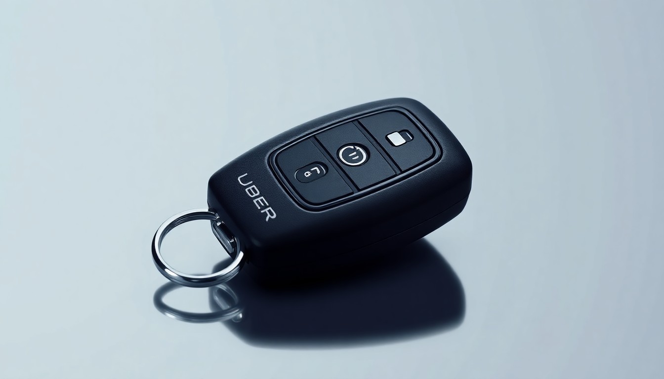 A photorealistic studio still-life image showing a sleek, black Uber-branded vehicle key resting on a smooth, reflective surface against a clean, monochromatic background, conceptually representing the transportation technology at the heart of Uber's business.
