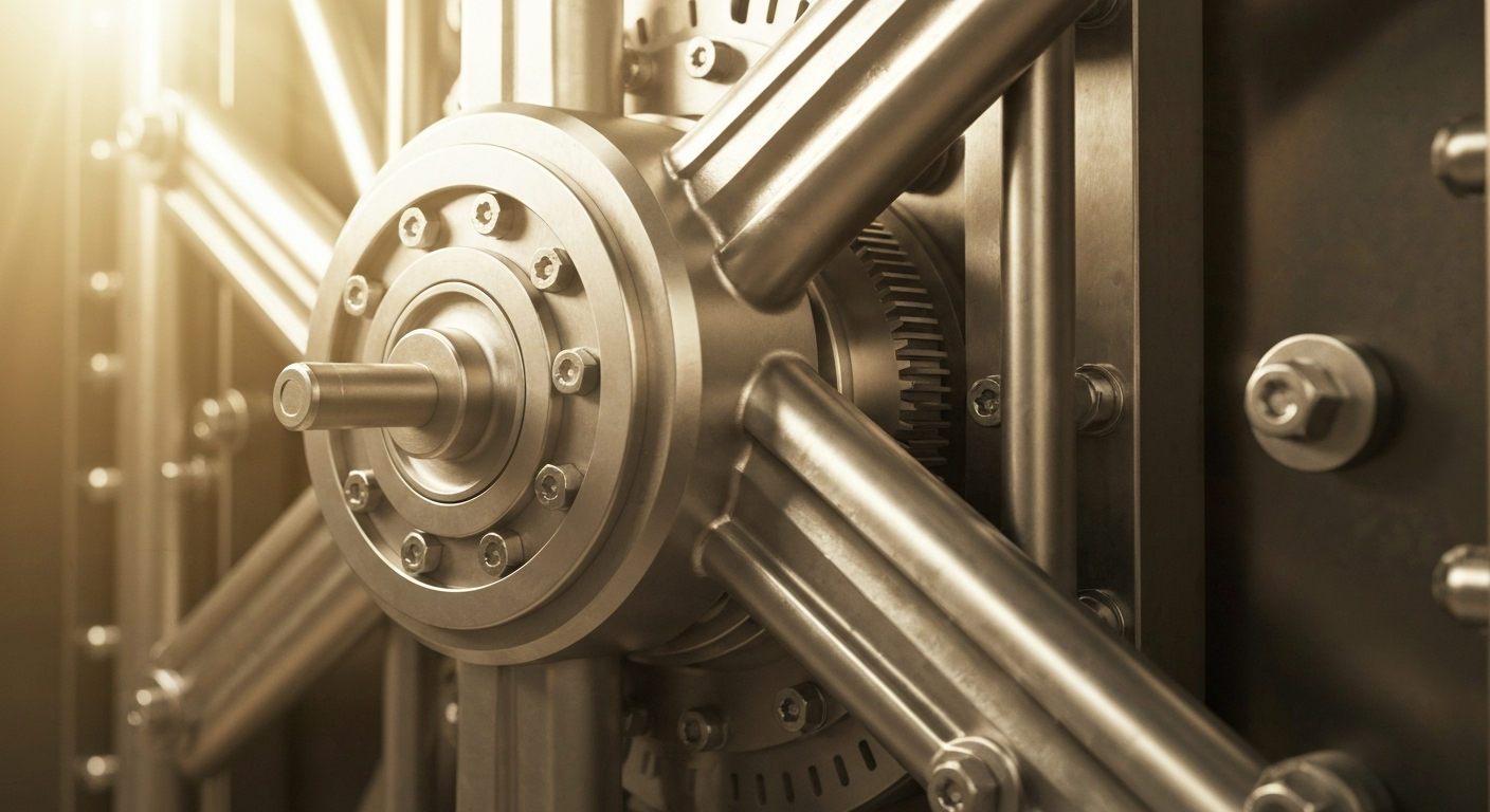 A highly detailed, macro-level view of metallic gears, levers, and other industrial components, conceptually representing the complex financial infrastructure underlying Amgen's stock.