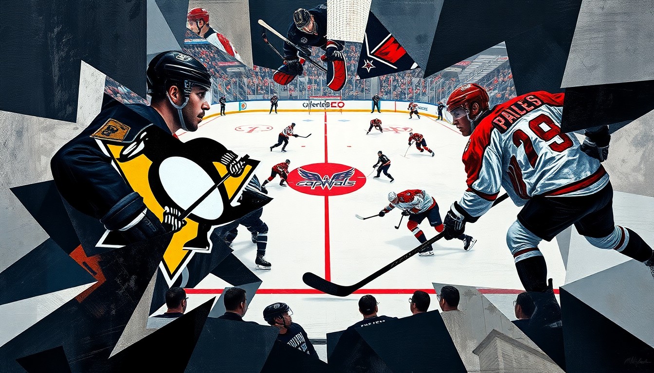 A cubist, geometric painting depicting a hockey game between the Pittsburgh Penguins and Washington Capitals, with the players' figures deconstructed into abstracted shapes and forms in the teams' respective color schemes.