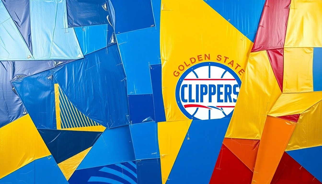 A fractured, multi-perspective painting in vibrant shades of blue, gold, red, and white, capturing the energy and intensity of a high-stakes basketball game between two rival teams.