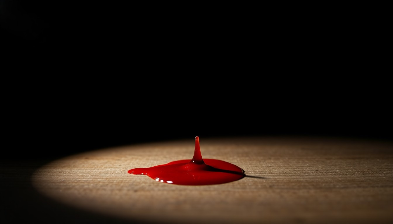 An extreme close-up photograph of a single drop of blood on a wooden surface, lit by a harsh, direct camera flash against a pitch-black background, conceptually representing the evidence gathered in the investigation into Nancy Guthrie's kidnapping.
